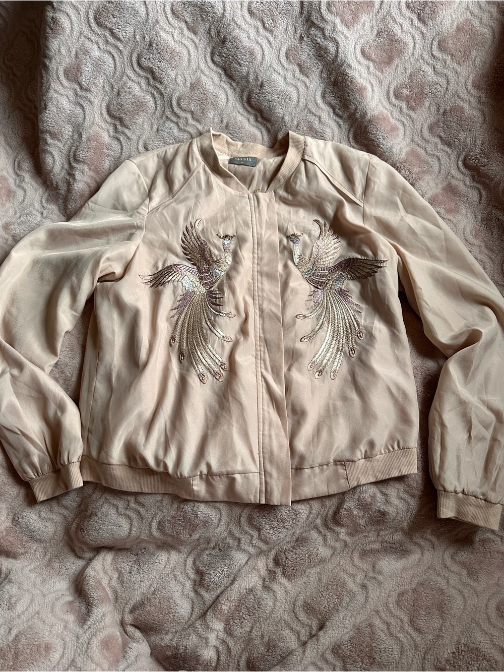 Oasis Pale Pink Embroidered Bomber Jacket